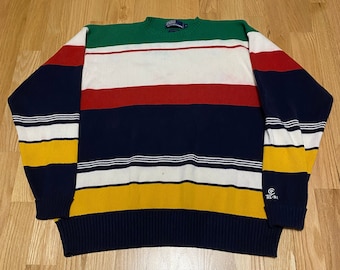 Vintage Polo Ralph Lauren CPRL 92 Multi Colored Stripe Color Block Crew Neck Knit Sweater size XL