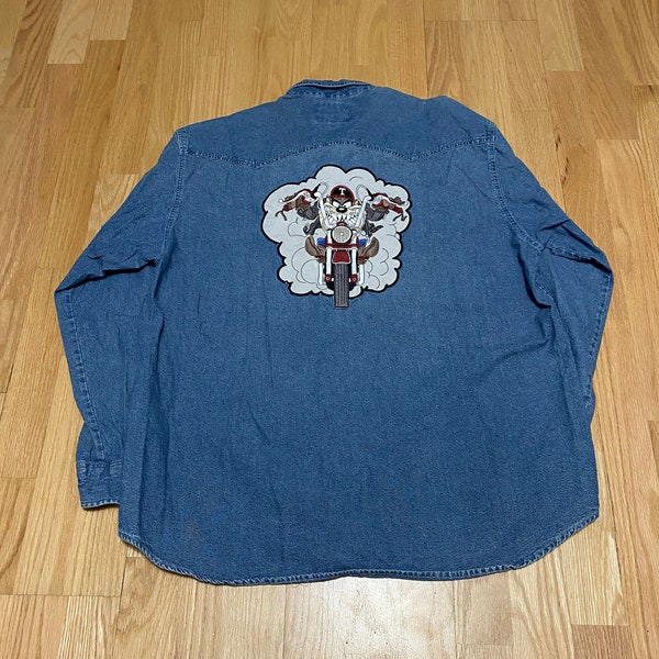 Vintage 90s Taz Motorcycle Looney Tunes Tenue De Soiree  Medium Wash Denim Blue Long Sleeve Button Up Shirt size Large