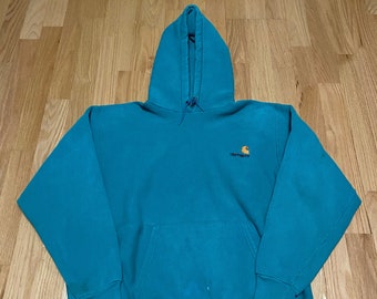 Vintage Carhartt Teal Green Stitched Logo Reverse Weave Hoodie Sweatshirt size Large