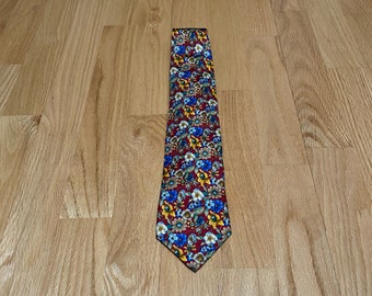 Vintage Lands End Red Floral Multi Color Silk Necktie Made in USA