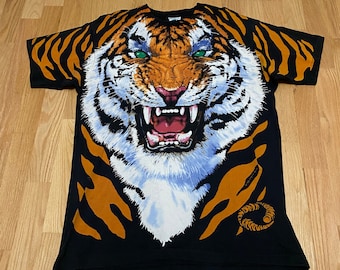 Vintage 90s Liquid Blue Tiger All Over Print Black Single Stitch Cotton T Shirt size XL Made in USA