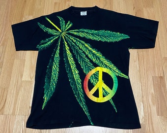 Vintage 90s Wild Oats Marijuana Peace Sign Double Sided Black Single Stitch Short Sleeve T Shirt size Large