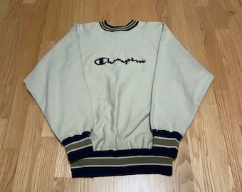 Vintage 90s Champion Reverse Weave Embroidered Spell Out Tan Navy Blue Ringer Crewneck Sweatshirt size Large Made in USA