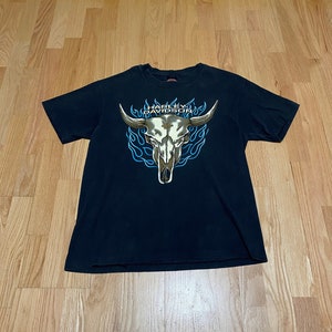 Vintage 90s Harley Davison Buffalo Skull Flames Single Stitch Black Cotton T Shirt size Large Made in USA