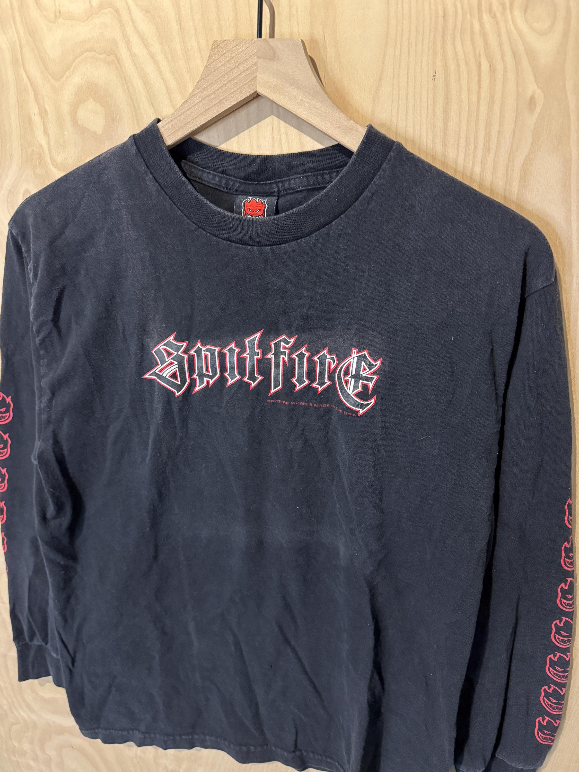 Vintage Spitfire Spell Out Graphic Logo Sleeve Black Cotton Long 