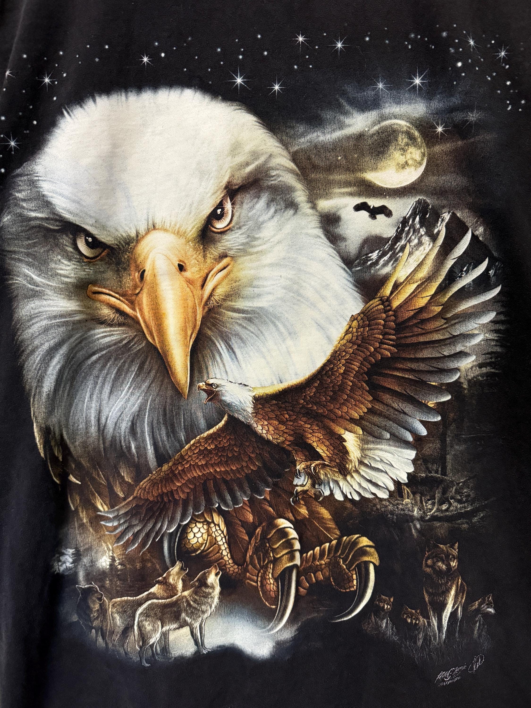 Vintage Y2K Rock Chang Bald Eagle Wolves Art Double Sided Graphic 