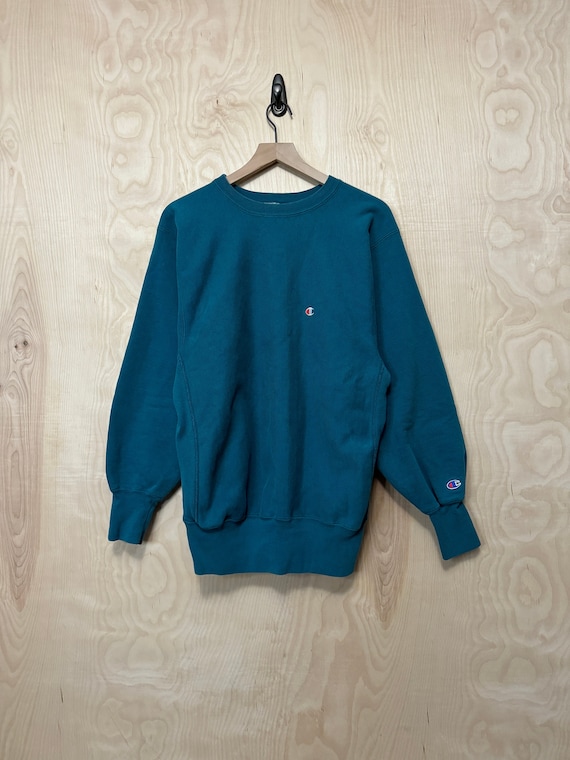 Vintage 90s Champion Reverse Weave Logo Teal Blue Cotton Polyester Crewneck Sweatshirt Size XL Made in USA Etsy