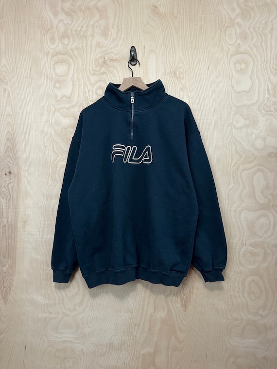 Vintage 90s Fila Stitched Spell Out Navy Blue Half