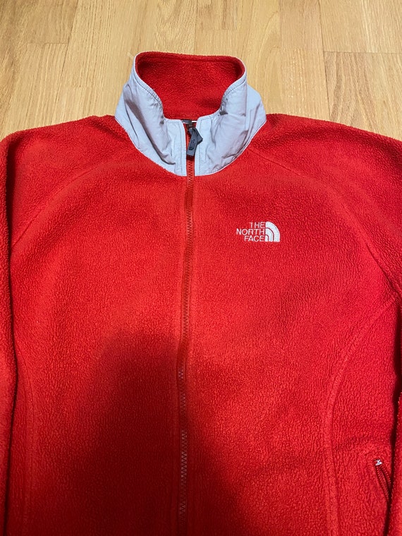 Vintage The North Face Stitched Logo Red Gray Zip Up Fleece Jacket Size Womens XL