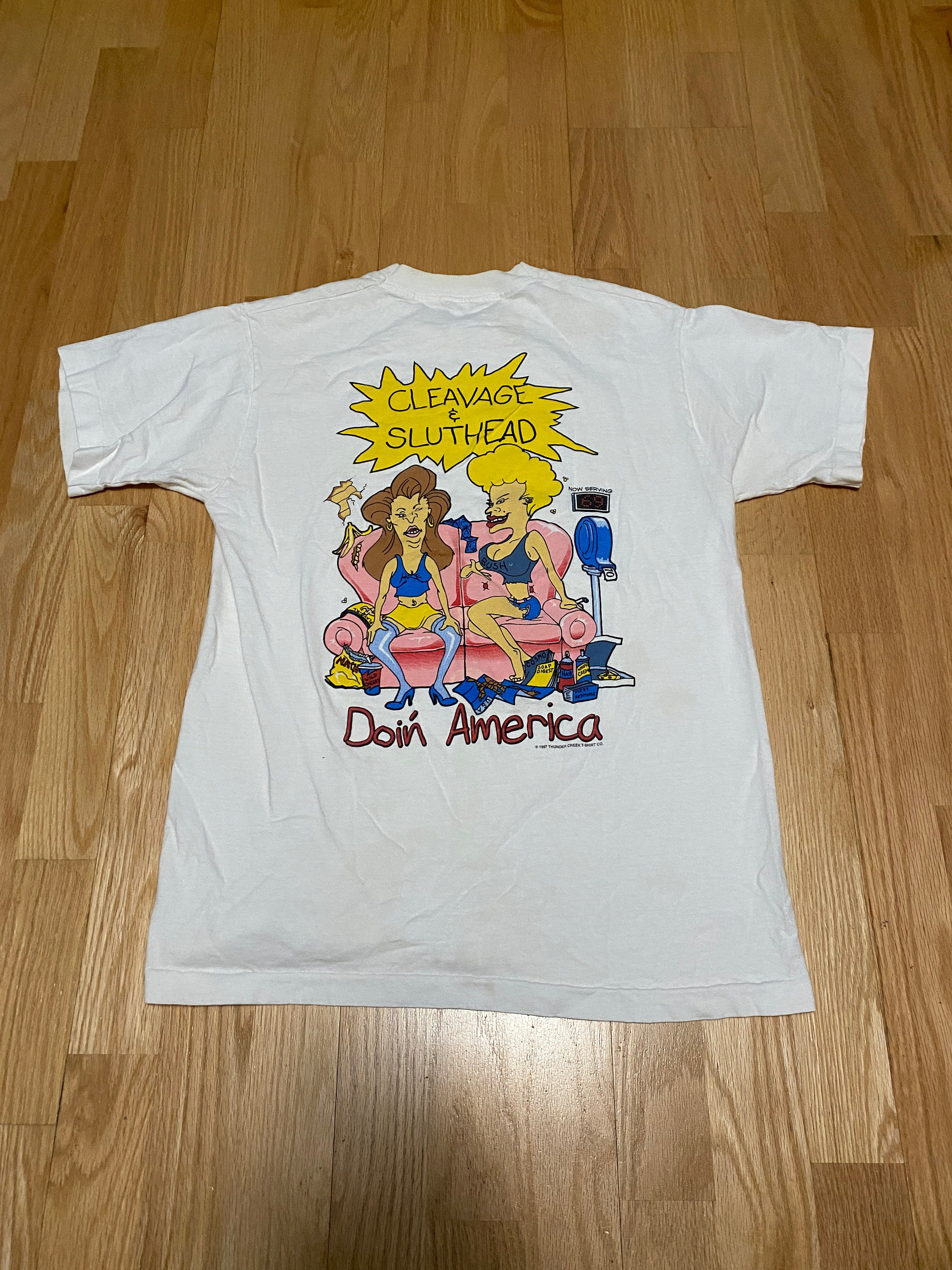 Vintage 90s Cleavage and Sluthead Doin America White Double Sided 