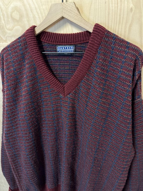 JANTZEN Vneck Acryl knit USA製 Vintage Jantzen Red Blue Rectangle Checkered Acrylic V Neck