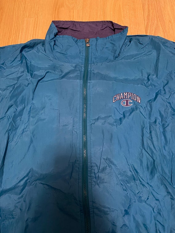 Vintage Champion Teal Purple White Color Block Embroidered Logo Spell Out Light Weight Zip Up Windbreaker Jacket size XL