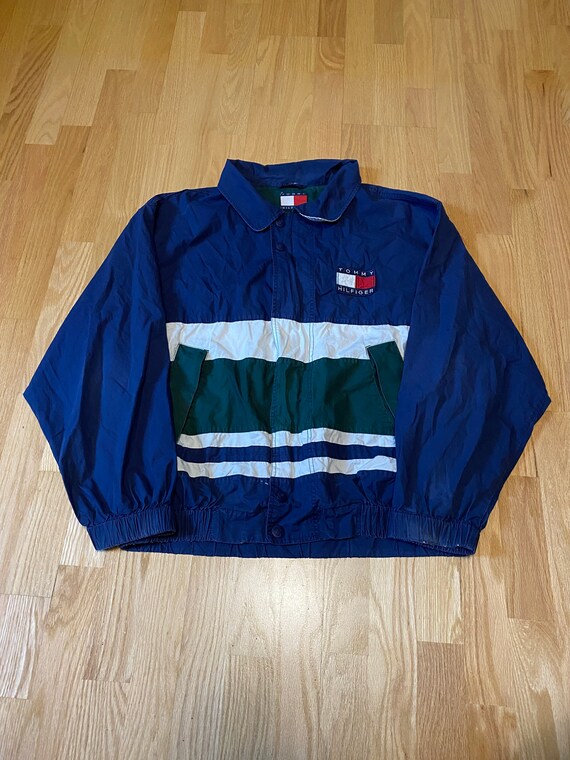 Vintage Tommy Hilfiger Blue Green White Stripe Color Block Flag Zip Up Windbreaker Harrington Jacket Size XL