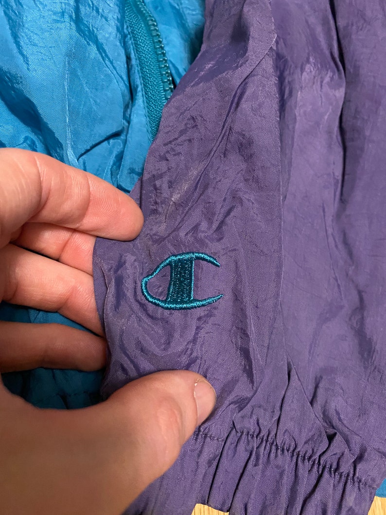 Vintage Champion Teal Purple White Color Block Embroidered Logo Spell Out Light Weight Zip Up Windbreaker Jacket size XL