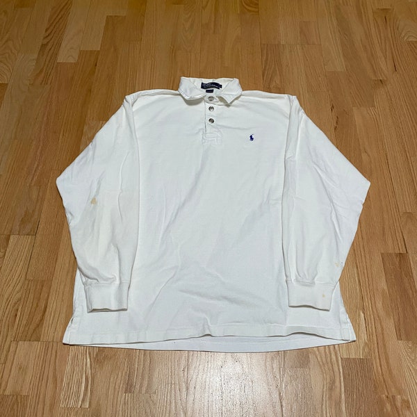 Vintage 90s Polo Ralph Lauren White Snap Button Up Long Sleeve Cotton Rugby Shirt size Large