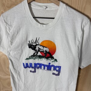 May include: White t-shirt featuring a graphic of an elk in front of an orange sun, with the word "wyoming" in blue and purple lettering. The shirt is hanging on a wooden hanger.