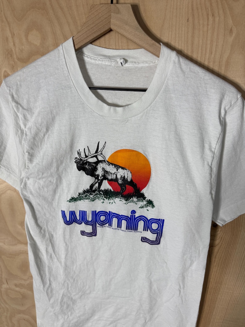 May include: White t-shirt featuring a graphic of an elk in front of an orange sun, with the word "wyoming" in blue and purple lettering. The shirt is hanging on a wooden hanger.