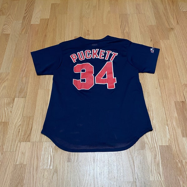 Vintage jaren '90 Minnesota Twins Kirby Puckett #34 Majestueus Marineblauw Polyester Button Up Baseball Jersey maat Large