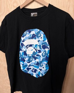 Vintage Y2K Bape Kaws Blue Camouflage Head Black Cotton T Shirt