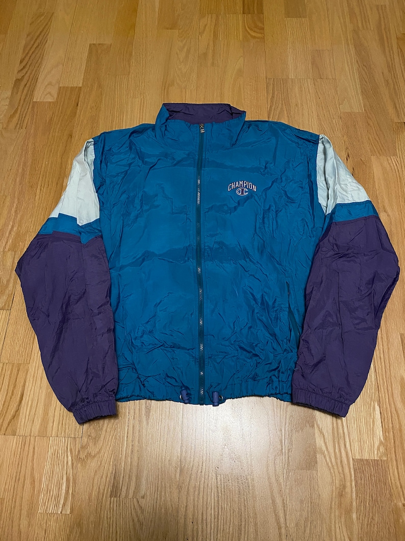 Vintage Champion Teal Purple White Color Block Embroidered Logo Spell Out Light Weight Zip Up Windbreaker Jacket size XL
