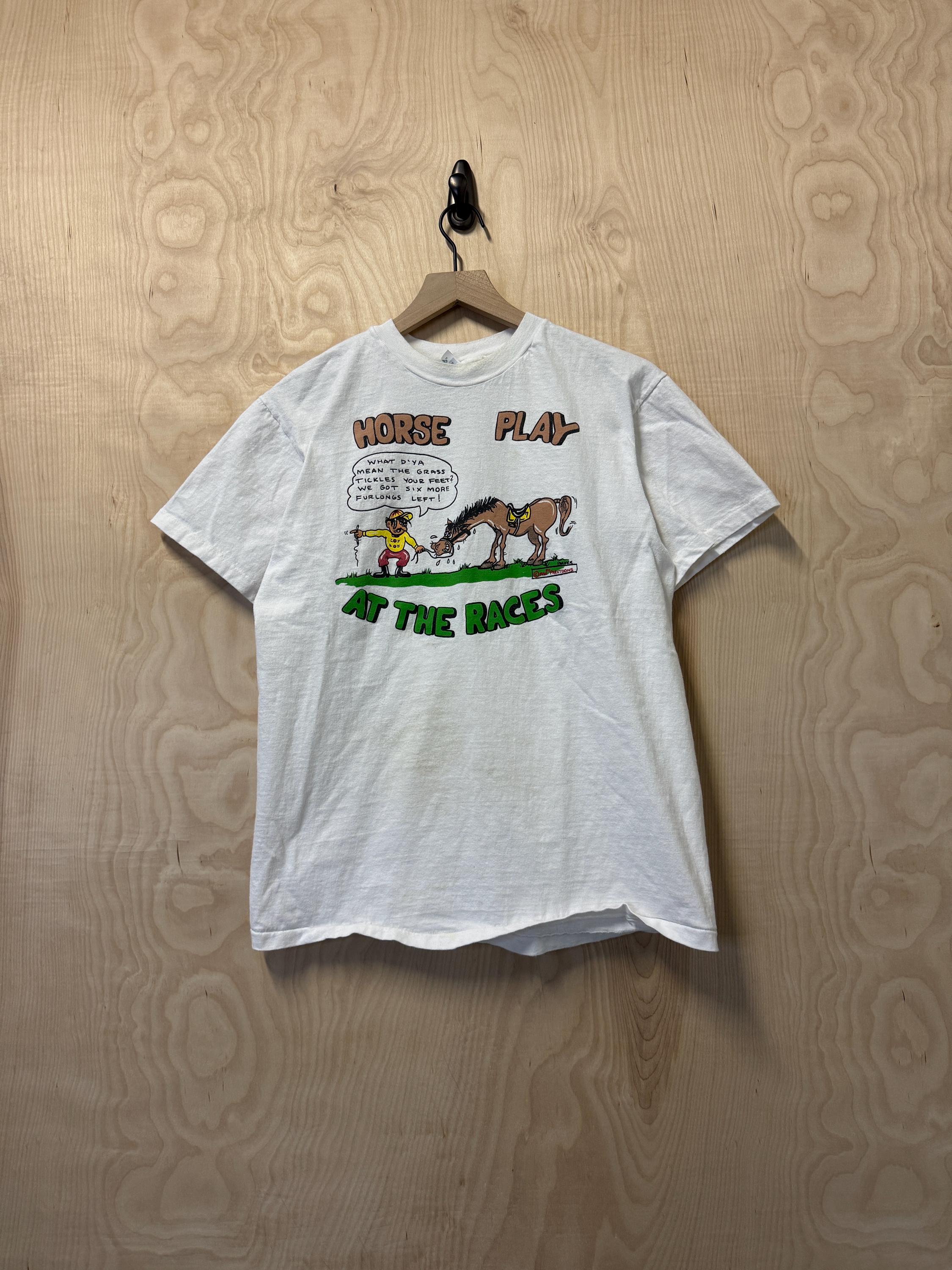 Vintage 90s Horse Play at the Races Cartoon Art Graphic White