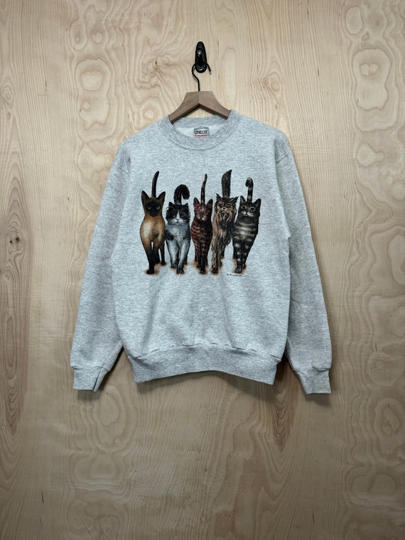 Vintage Cats Double Sided Graphic Gray Crewneck S… - image 1
