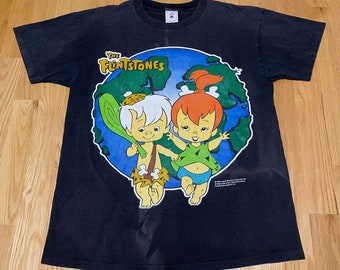 Vintage 90s The Flintstones Bam Bam Pebbles Earth Black Short Sleeve T Shirt size Large