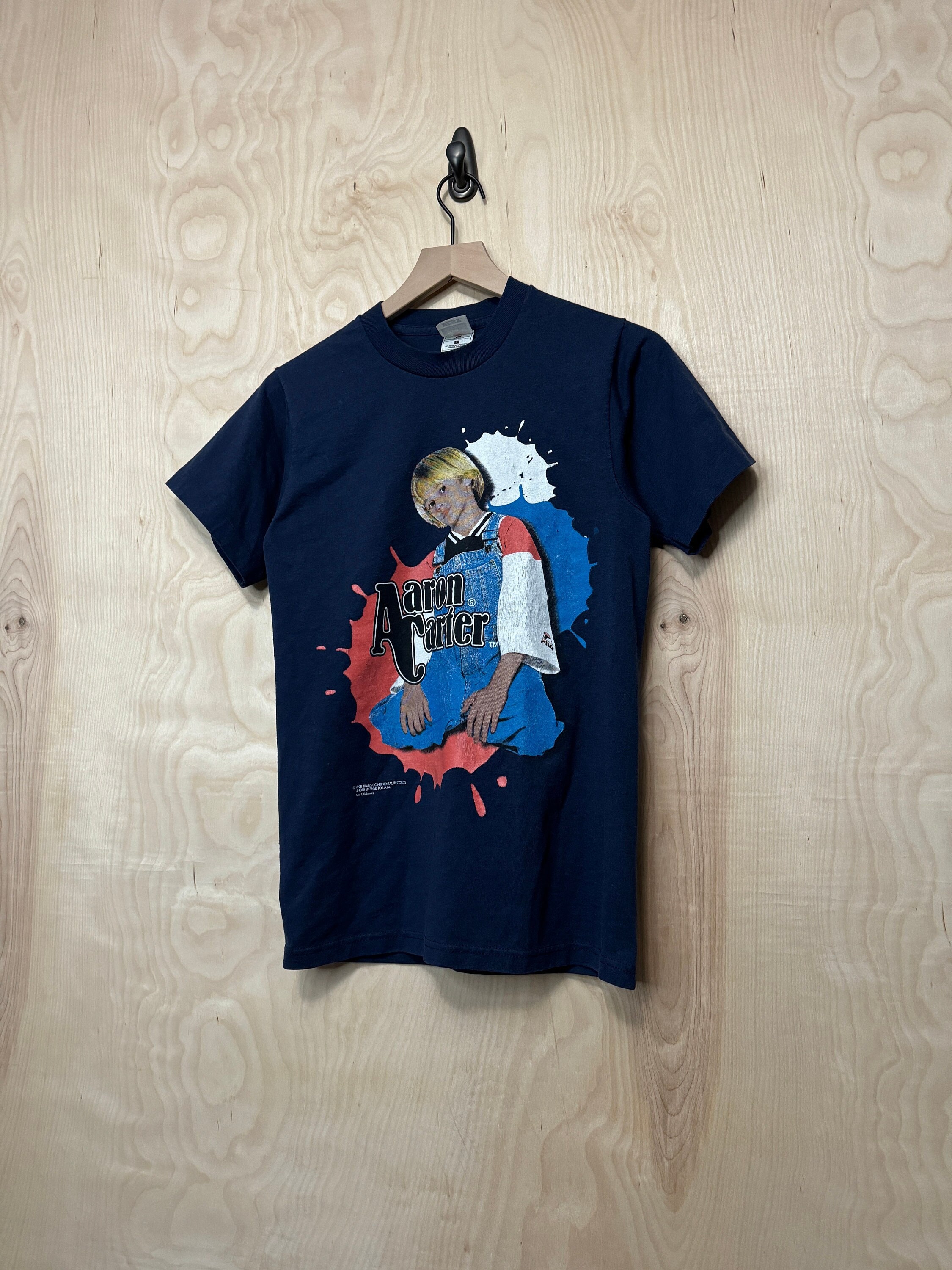Vintage 90s Aaron Carter Paint Splatter Graphic Navy Blue T