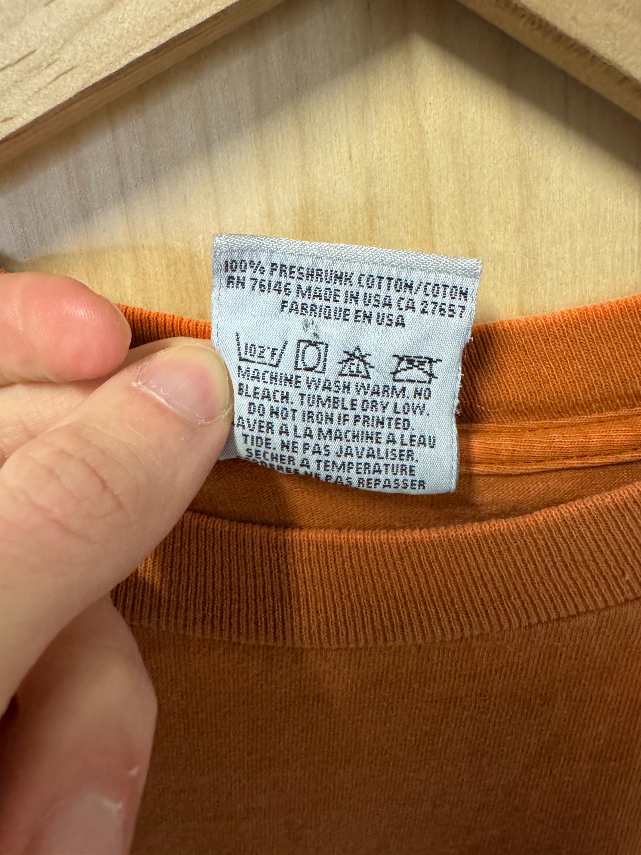 トップス 90s rusty fire design hubby parker Vintage 90s Rusty Logo Double Sided Graphic Orange Cotton