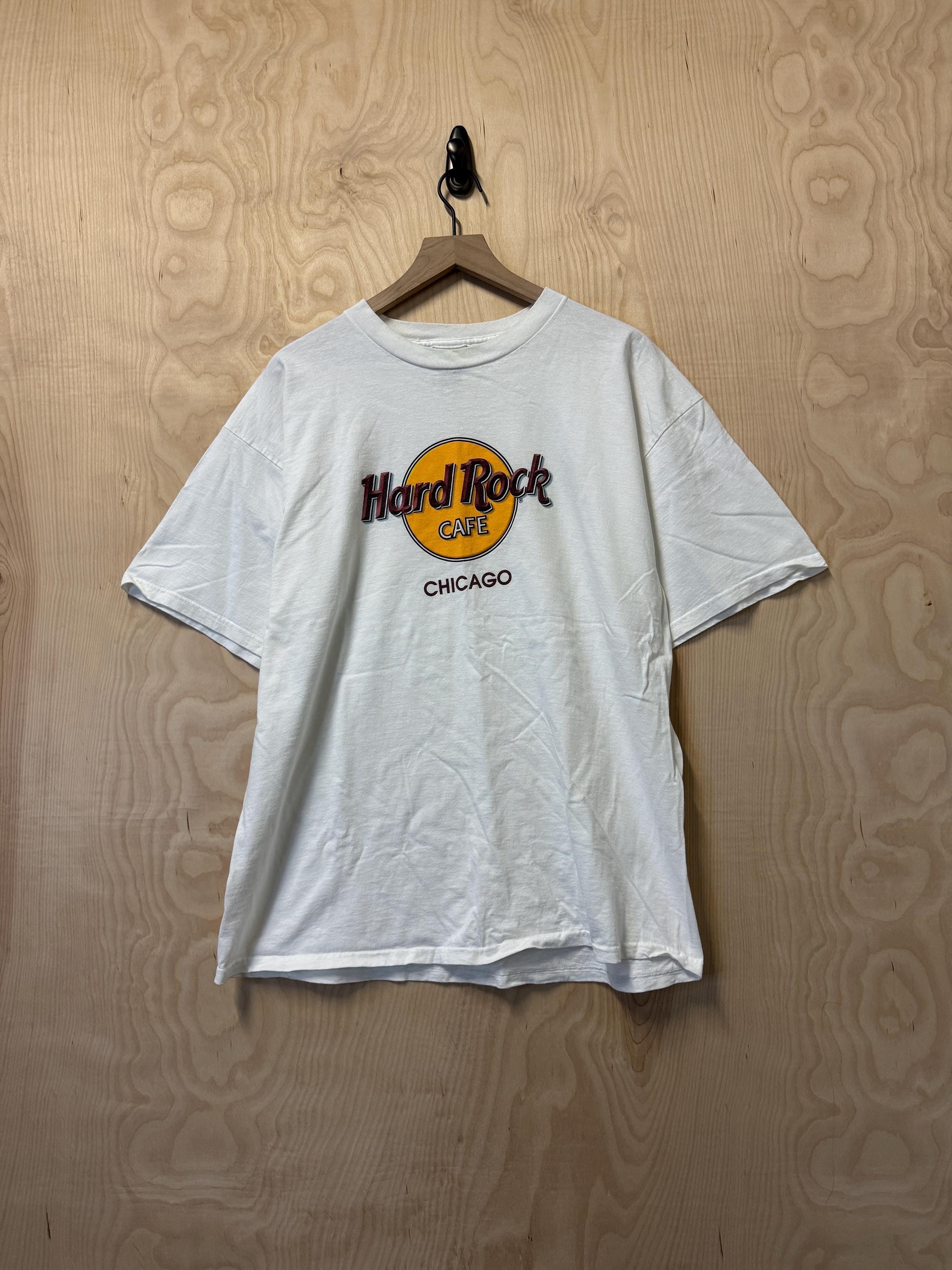 Camiseta vintage de algodão branca com estampa do logotipo do Hard Rock Cafe Chicago, tamanho GG