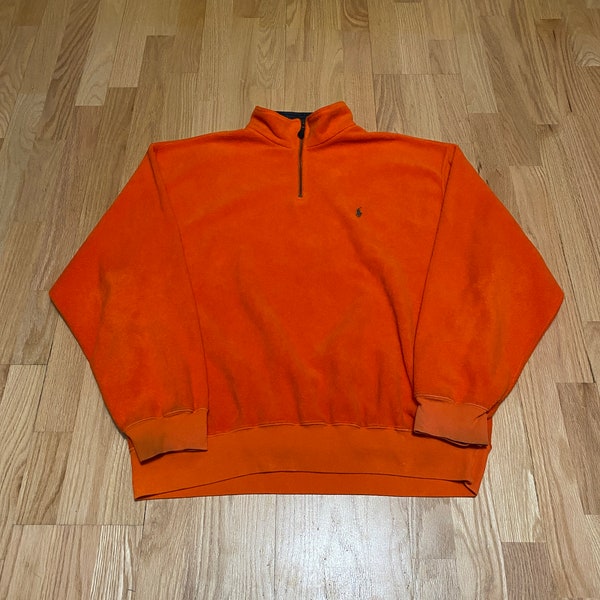 Vintage 90s Polo Ralph Lauren Orange Polyester Fleece Half Zip Pull Over Sweatshirt size XL