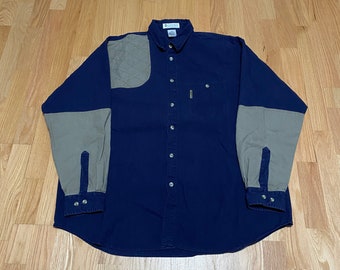 Vintage Columbia Navy Blue Tan Colro Block Shoot Cotton Long Sleeve Button Up Shirt size XL