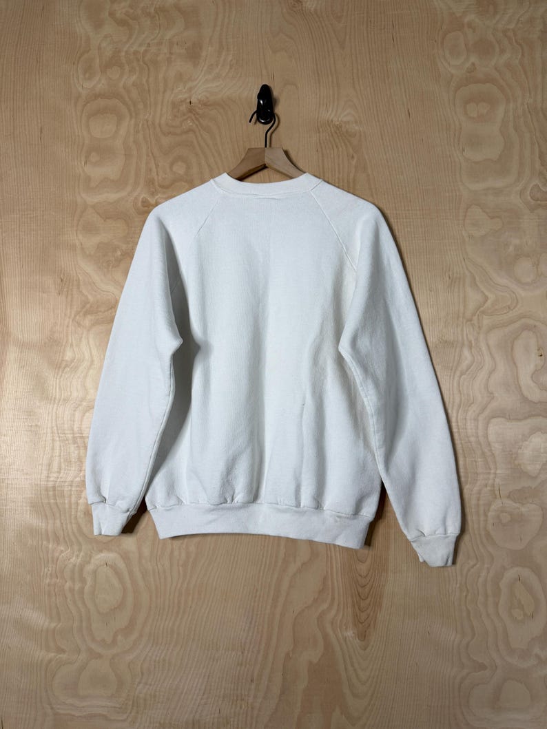 May include: A plain white sweatshirt with long sleeves, hanging on a wooden hanger. The sweatshirt is made of a soft material and has a crew neck. The background is a light wood grain.
