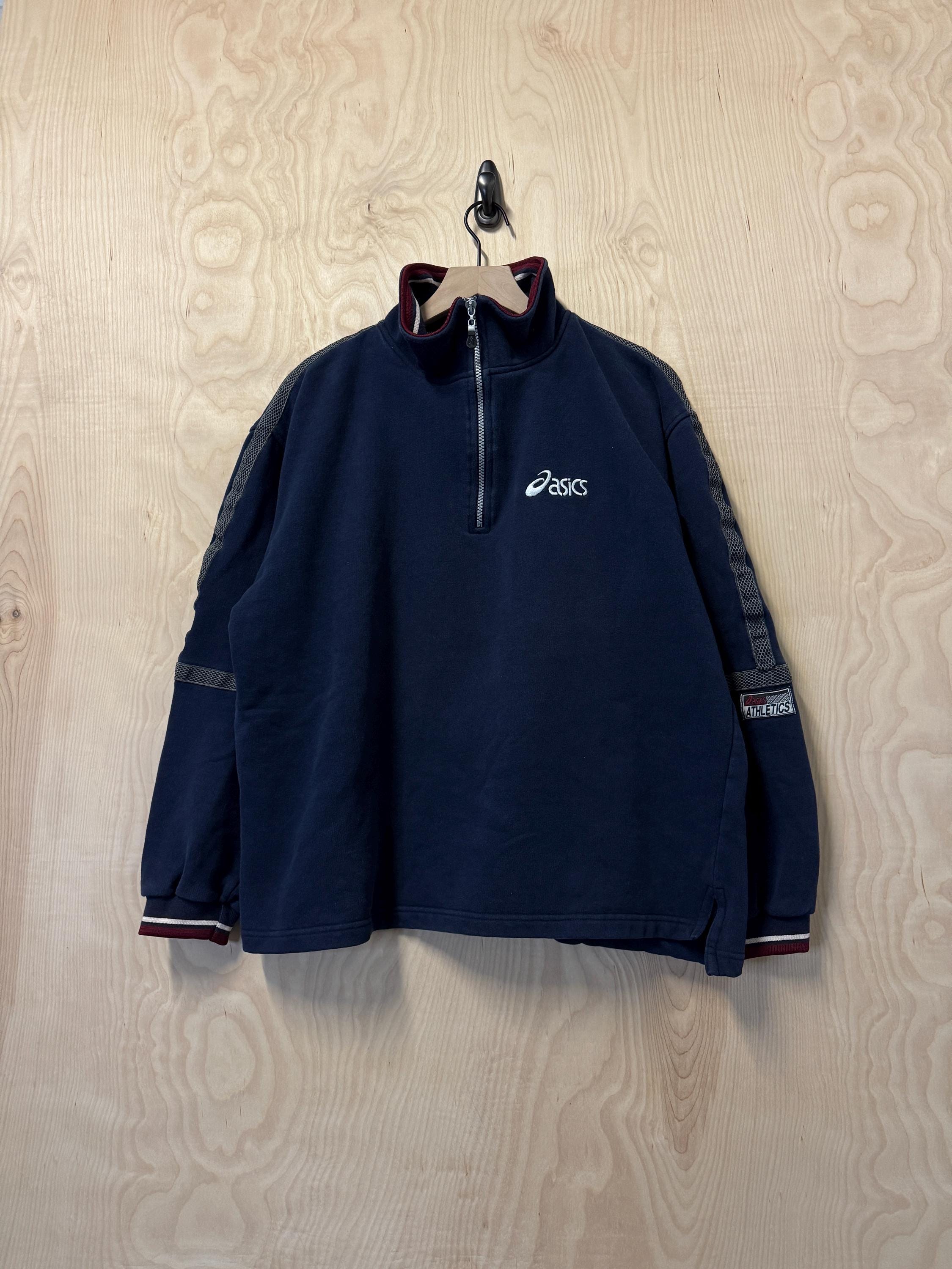 Vintage 90s Asics Piping Stripe Half Zip Navy Blue Pullover