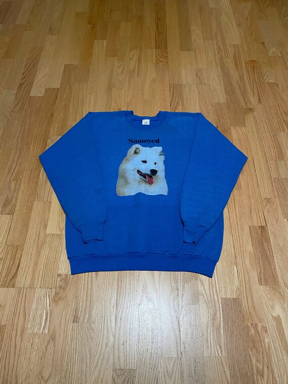 Vintage 90s Samoyed Dog Portrait Blue Crew Neck Sw