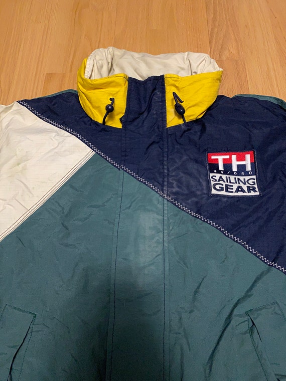 Vintage Tommy Hilfiger Sailing Gear Navy Blue Green White Color Block Flag Hide-able Hood Jacket size Large