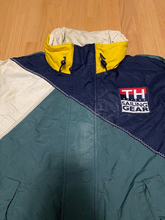 Vintage Tommy Hilfiger Sailing Gear Navy Blue Green White Color Block Flag Hide-able Hood Jacket size Large