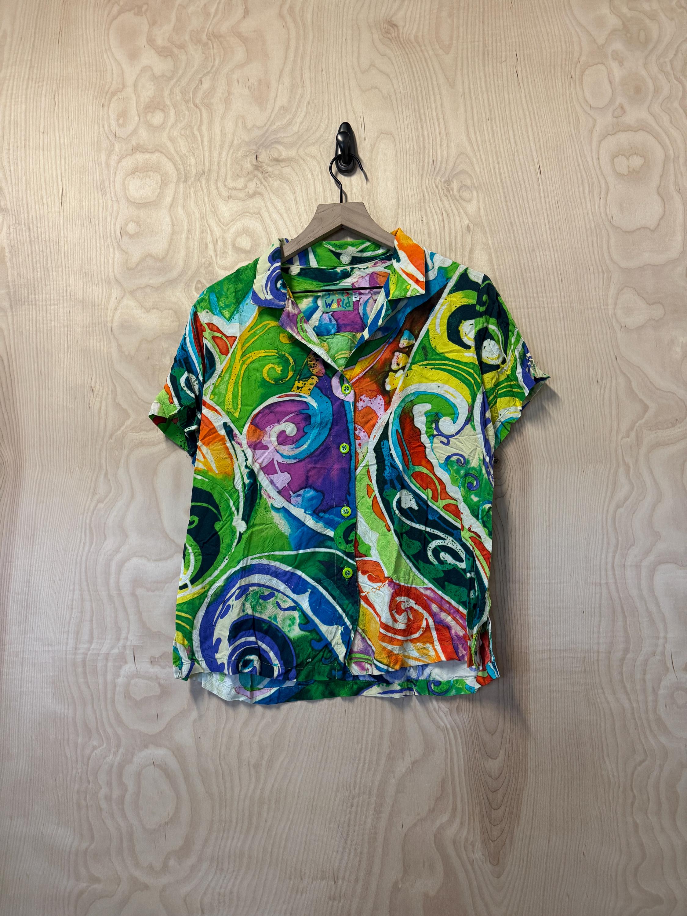Vintage Jams World Cirque Soliel Green Abstract Pattern Rayon Open Collar Short Sleeve Button Up Shirt size Women’s Large