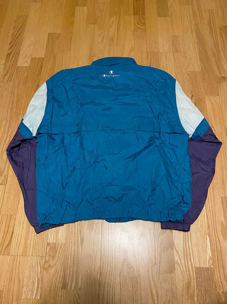 Vintage Champion Teal Purple White Color Block Embroidered Logo Spell Out Light Weight Zip Up Windbreaker Jacket size XL