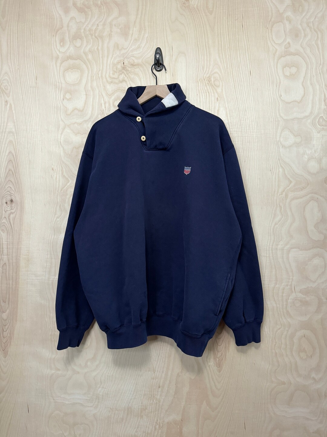 Vintage 90s Polo Ralph Lauren K Swiss Shield Shawl Neck Navy Blue