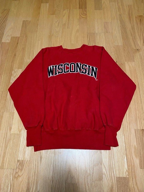 Vintage 90s Champion Reverse Weave Wisconsin Stitched Red Crewneck