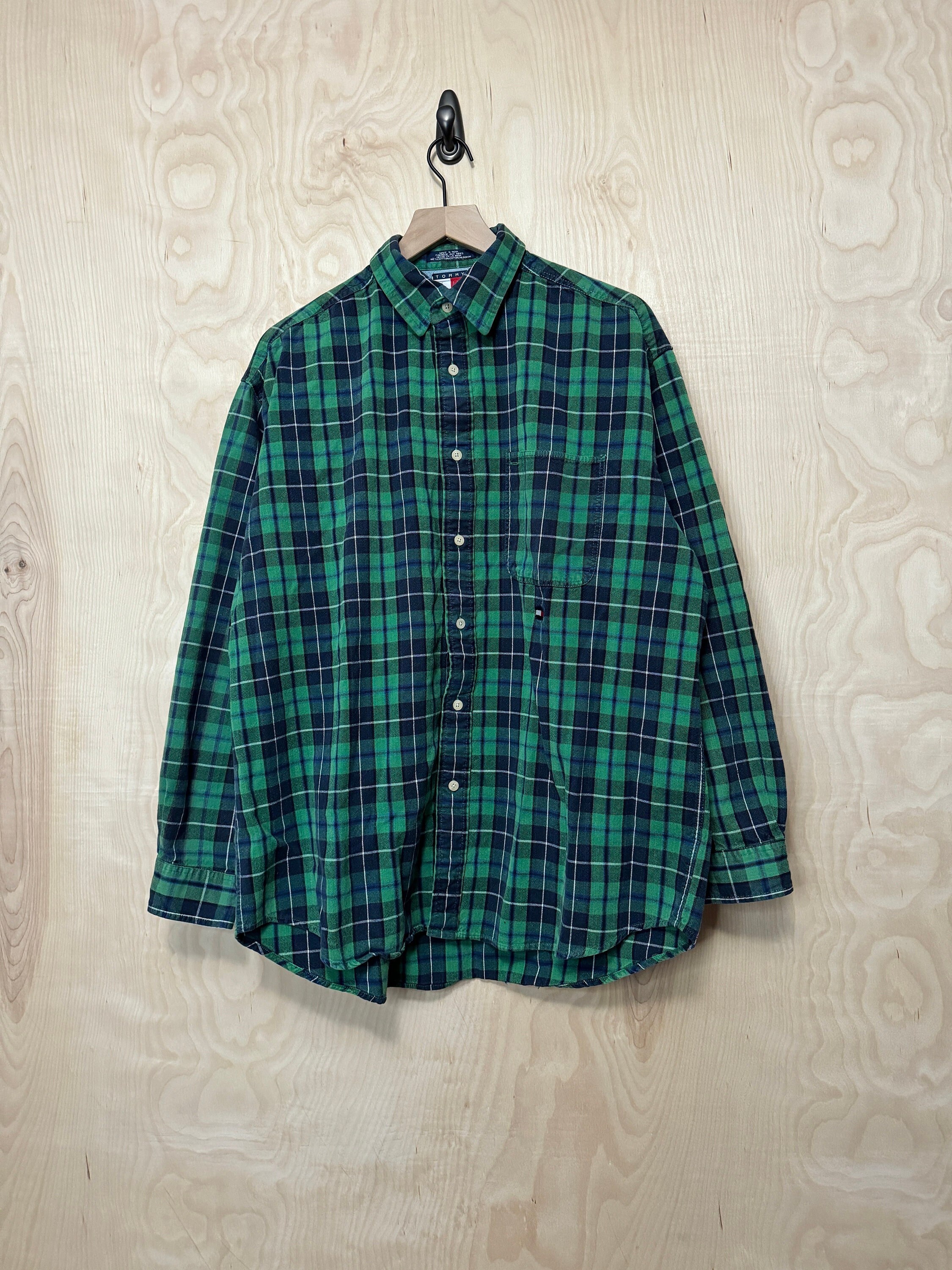 Vintage Tommy Hilfiger Green Navy Blue White Plaid Flag Logo 