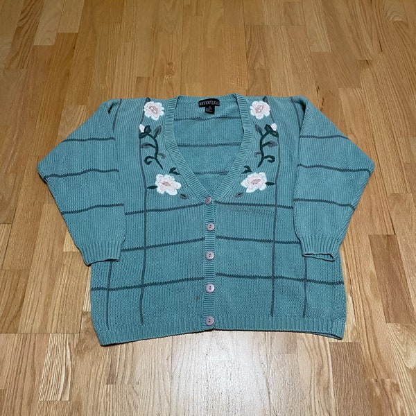 Vintage 90s Braun Style Stitched Floral Stripe Green Ramie Cotton Blend Button Up Knit Cardigan Sweater size Women's Medium