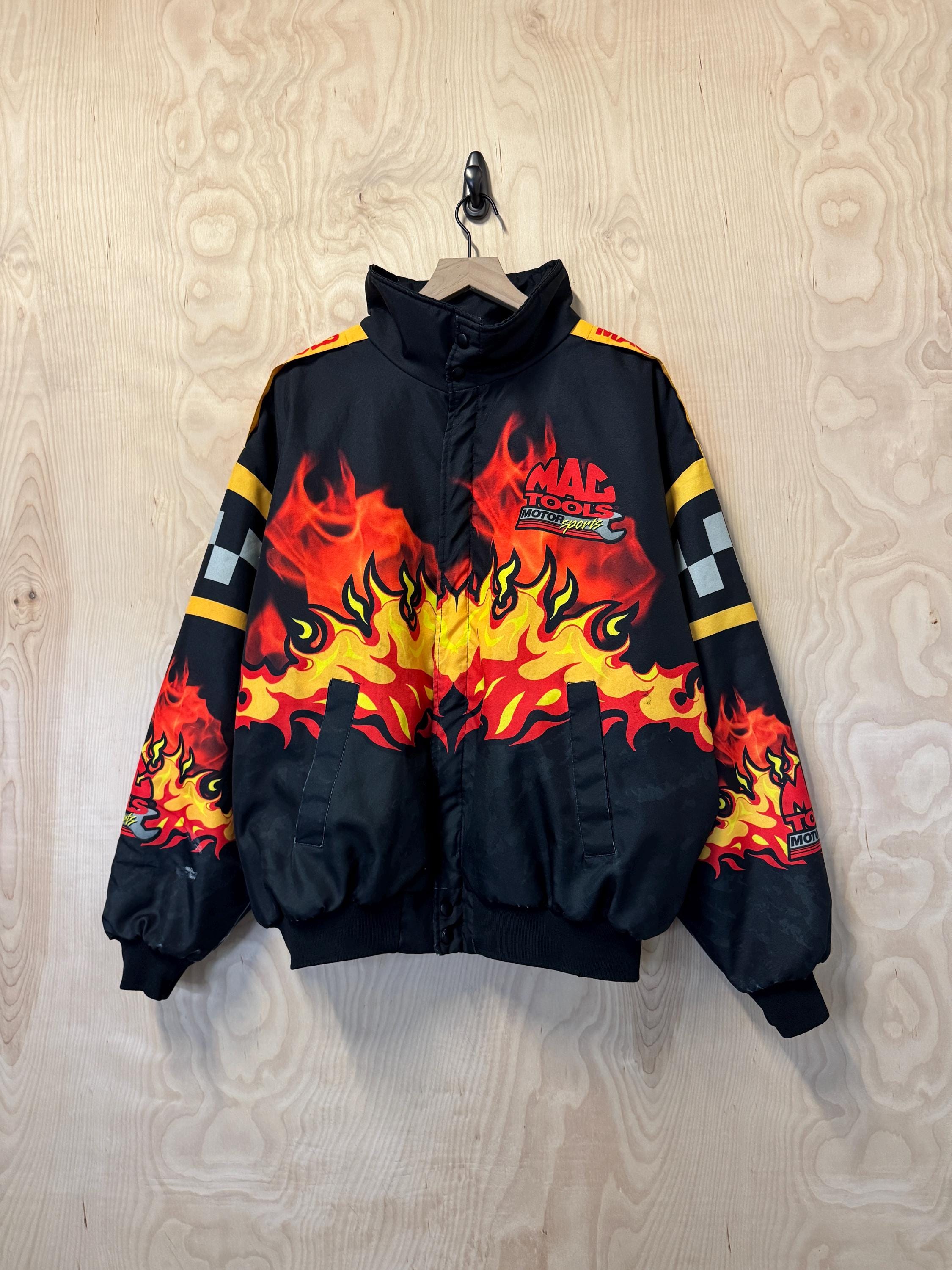 Vintage 90s Mac Tools Motor Sports Flames All Over Black Quilted