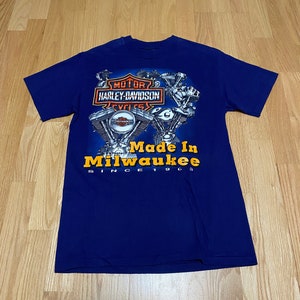 Vintage 90s Harley Davidson Motorcycles Made in Milwaukee Motor Twin Cities Purple Cotton T Shirt size Medium