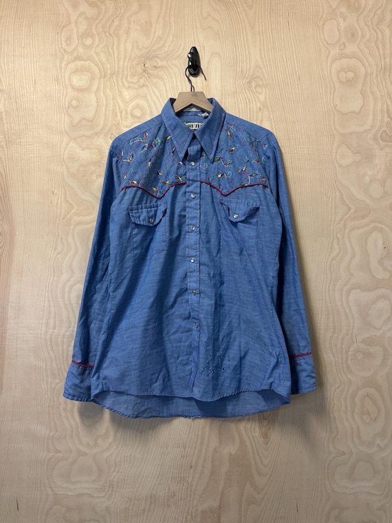 Vintage 70s Brutus Floral Stitched Blue Chambray … - image 1