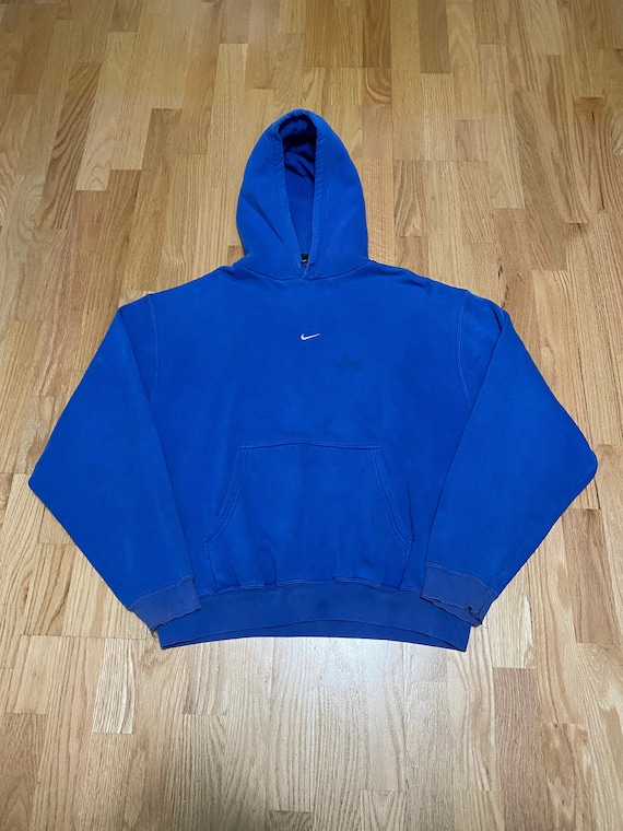 Vintage Nike Team Center Check Swoosh Blue Pull Over Hoodie Sweatshirt Size  Large 