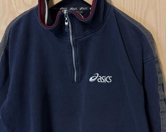 Vintage 90s Asics Piping Stripe Half Zip Navy Blue Pullover Sweatshirt size  Large