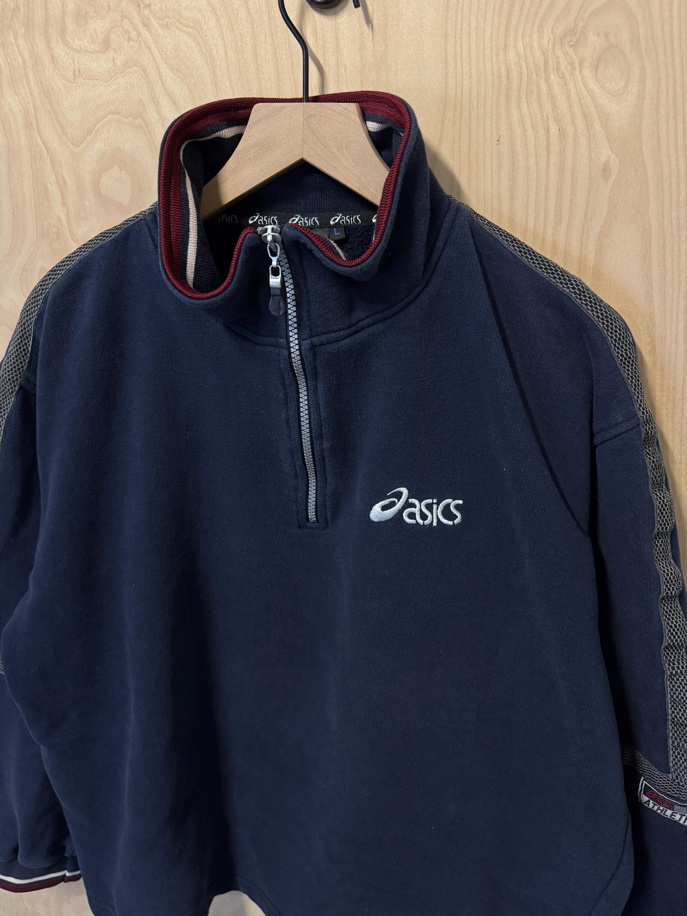 Vintage 90s Asics Piping Stripe Half Zip Navy Blue Pullover