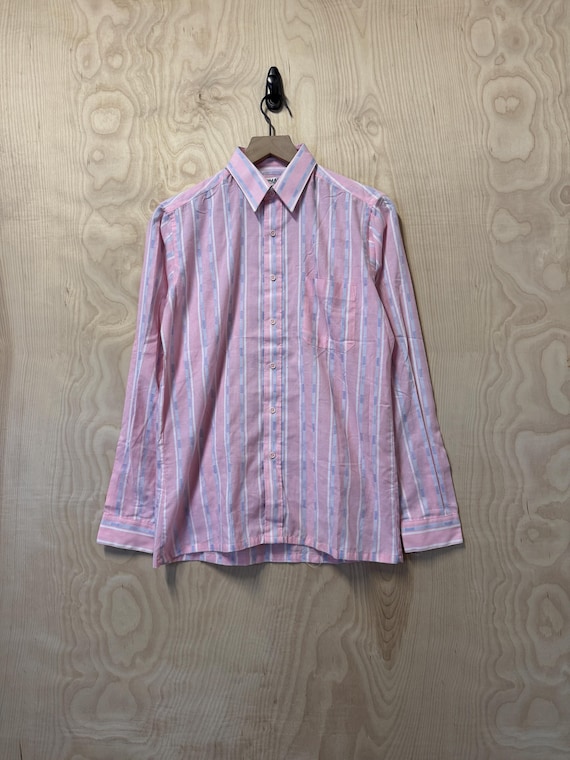 Vintage Koman Pink Multi Color Vertical Stripe Long Sleeve Button Up Shirt size Small